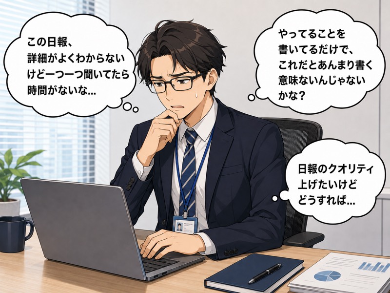 部下の日報を読みながら、内容が曖昧でどう確認すれば良いか悩むマネージャー
