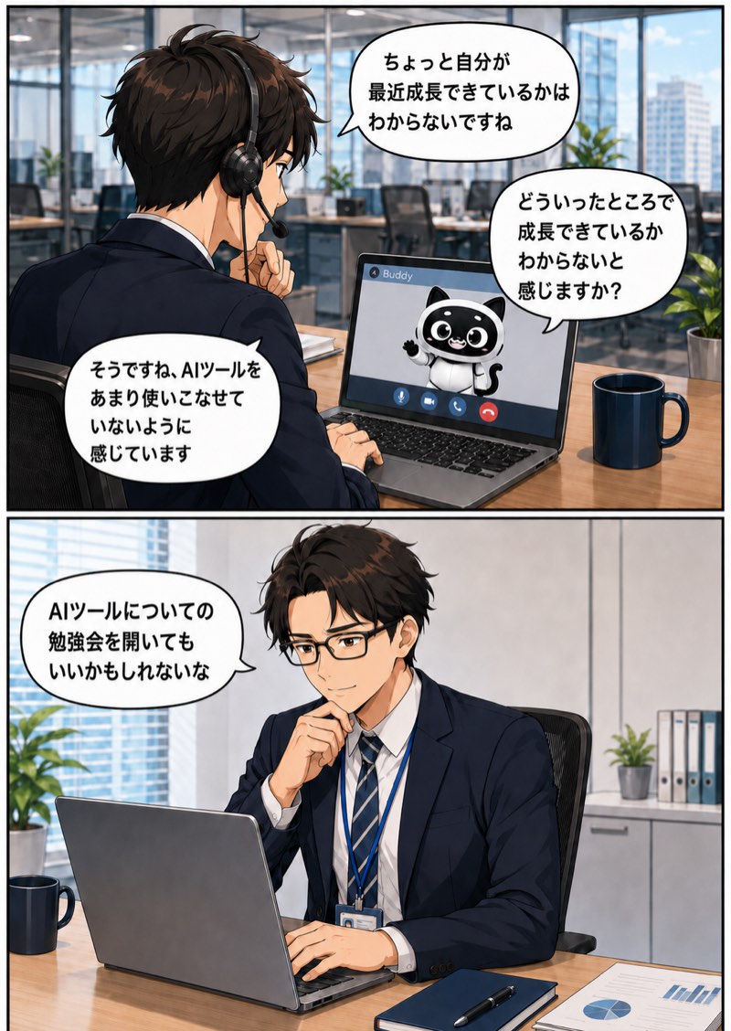 メンバーがAIコーチに気になっていることを話し、マネージャーがそれを受けて次のアクションを考えている様子